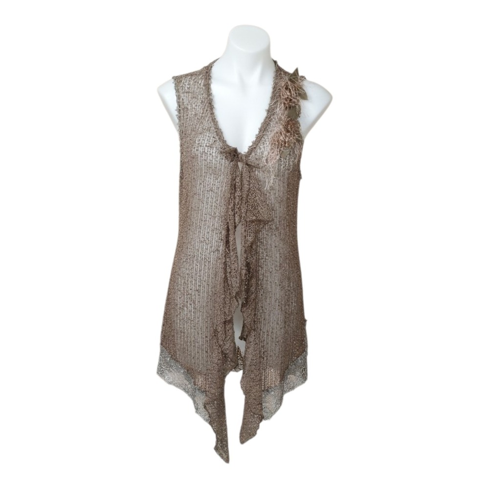 Vandana Women's L Open Knit Flowers Sequins Embellished Tie Front Vest Cardigan